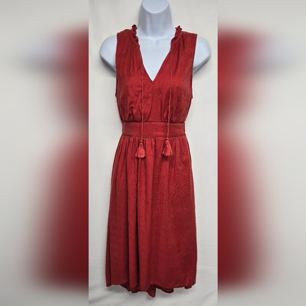 Old Navy XS Coral Orange Cotton High Low Dress V Neck Tassels Lined Sleeveless
